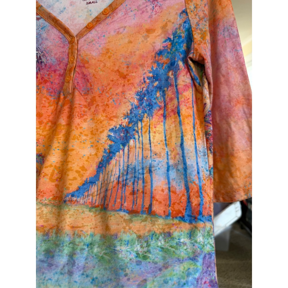 Leoma Lovegrove Tropical Palm Tree Artsy Henley Top Orange Pink Blue Small - Picture 7 of 9